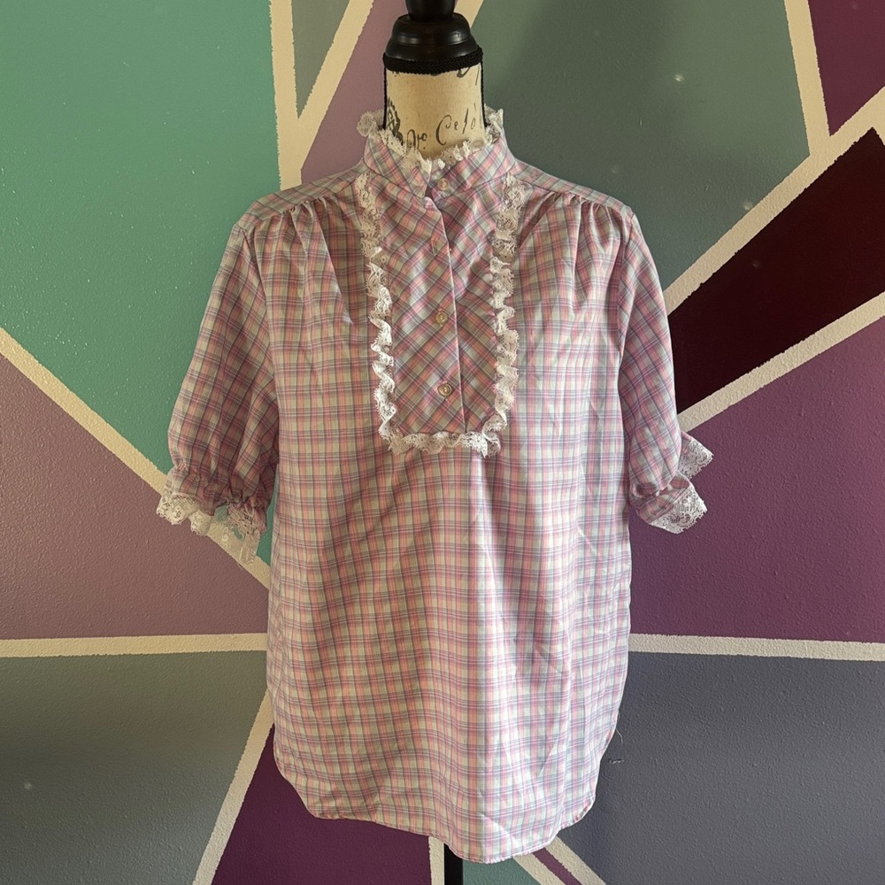 Pink Plaid Shirt with Lace Trim